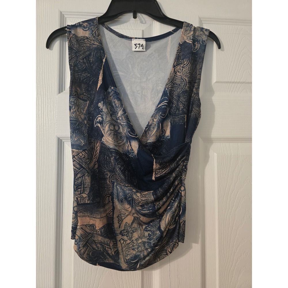 5-7-9 Surplice V-Neck Ruched Top Womens Small Blue Tan Paisley Sleeveless